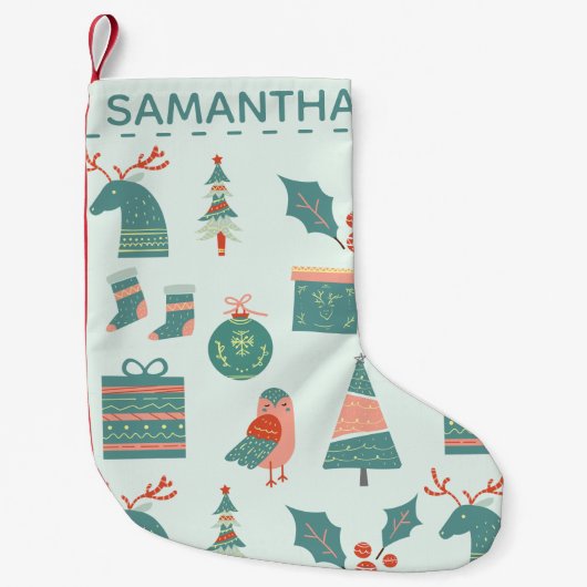 ティール（緑がかった色）モダンクリスマスパタパーソナライズされたーン スモールクリスマスストッキング (正面)