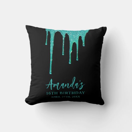 ティール(緑がかった色)モダングリッタードリップススイーツ16誕生日 クッション (正面)