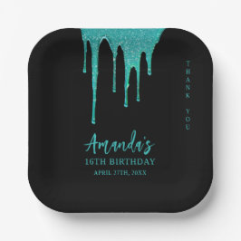 ティール（緑がかった色）モダングリッタードリップススイーツ16誕生日 ペーパープレート