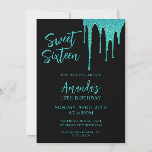 ティール(緑がかった色)モダングリッタードリップススイーツ16誕生日 招待状 (正面)