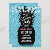 ティール(緑がかった色)モダングリッターパイナップルスウィート16誕生日 招待状 (正面/裏面)