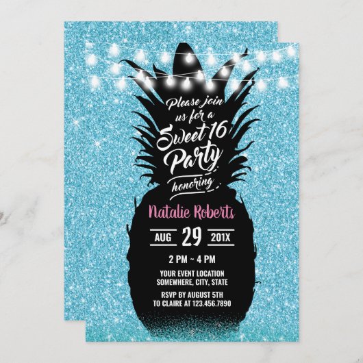 ティール（緑がかった色）モダングリッターパイナップルスウィート16誕生日 招待状 (正面/裏面)