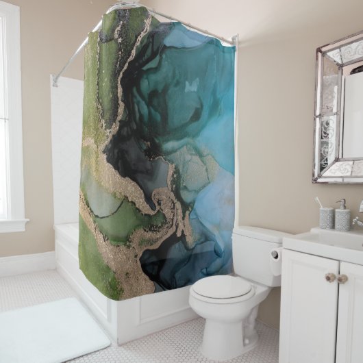 ティール（緑がかった色）モダングリーンブラックシャワーカーテン シャワーカーテン (インサイチュ)