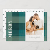 ティール（緑がかった色）モダングリーンブループレイドフォトメリークリスマス シーズンカード (正面/裏面)