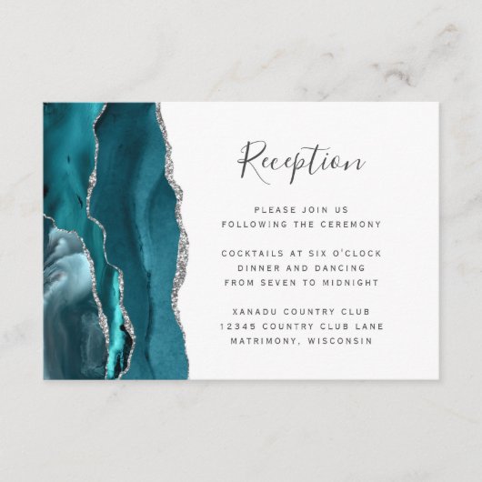 ティール(緑がかった色)モダンシルバー瑪瑙ウェディングレセプション エンクロージャーカード (正面)