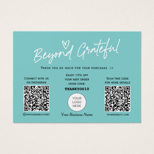ティール（緑がかった色）モダンススタイリッシュクリプトQRコードサンキューカード (正面)