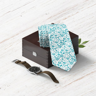 ティール（緑がかった色）モダンターコイズブルーフローラルパターン ネクタイ