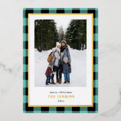 ティール（緑がかった色）モダンバッファロープレイドクリスマスツーフォト 箔シーズンカード (正面)