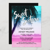 ティール(緑がかった色)モダンピンクトロピカルルアウ(ハワイ式宴会)スウィート16招待状 招待状 (正面/裏面)