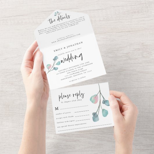 ティール(緑がかった色)モダンピンクパステルユーカリ結婚ス オールインワン招待状 (貼ってはがせる)