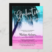 ティール（緑がかった色）モダンピンク熱帯ビーチ卒業パーティー 招待状 (正面/裏面)