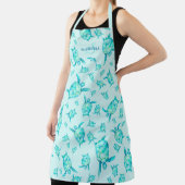 ティール(緑がかった色)モダンブルーウォーター色ウミガメのモノグラム エプロン (インサイチュ)