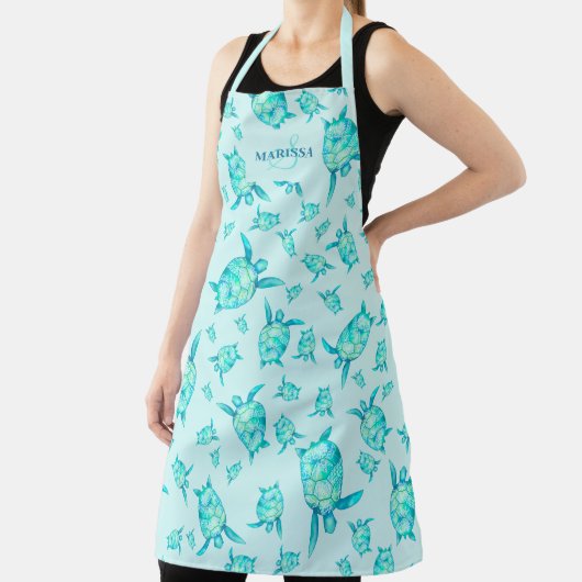 ティール（緑がかった色）モダンブルーウォーター色ウミガメのモノグラム エプロン (インサイチュ)