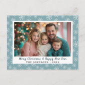 ティール（緑がかった色）モダンブルーグリーンスノーフレークスホリデーフォト シーズンポストカード (正面)