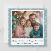 ティール(緑がかった色)モダンブルースノーフレークスススクエアホリデーフォト シーズンカード (正面)