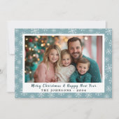 ティール（緑がかった色）モダンブルースノーフレークスホリデーフォト シーズンカード (正面)