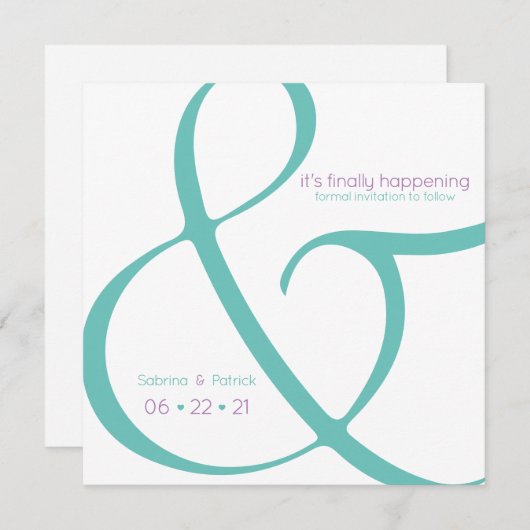 ティール（緑がかった色）モダンプラム・アンパサンド日付の保存 招待状 (正面/裏面)