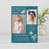 ティール（緑がかった色）モダンホワイトバタフライ写真卒業パーティー 招待状 (スタンド正面)