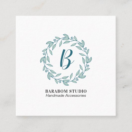 ティール（緑がかった色）モダンリースモノグラムプロフェッショナル スクエア名刺 (正面)