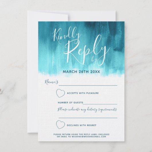 ティール(緑がかった色)モダン抽象芸術ア結婚ートの返信RSVP 招待状 (裏面)