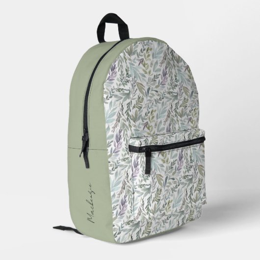 ティール（緑がかった色）モダン植物模様名前をカスタムする プリントバックパック (裏面左端)