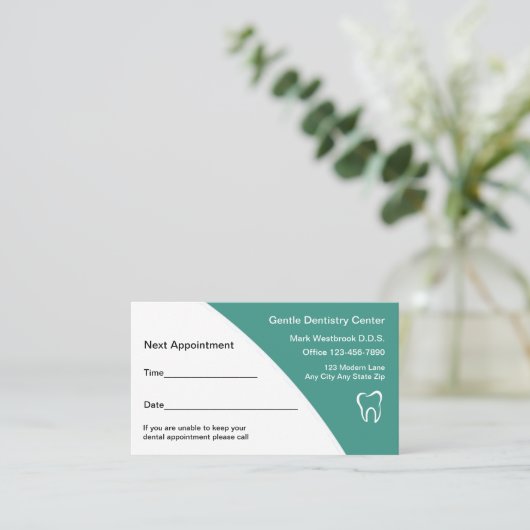 ティール(緑がかった色)モダン歯科アポイントメント 名刺 (スタンド正面)