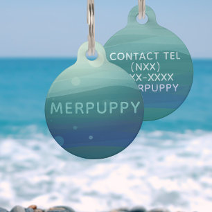 ティール（緑がかった色）モダン水の色の波シーグリーンドッグ名 ペット　ネームタグ