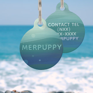 ティール（緑がかった色）モダン水の色の波シーグリーンドッグ名 ペット　ネームタグ