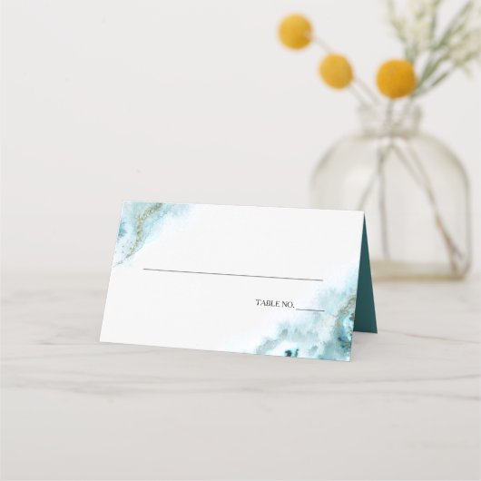 ティール（緑がかった色）モダン水彩モスアゲートベアフットブライド™ プレイスカード (正面)