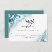 ティール(緑がかった色)モダン水彩モスアゲートベアフットブライド™ 出欠カード (正面/裏面)