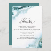 ティール(緑がかった色)モダン水彩モスアゲートベアフットブライド™ 招待状 (正面/裏面)