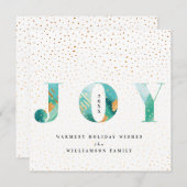 ティール（緑がかった色）モダン水彩喜び&金ゴールド雪紙吹雪 シーズンカード (正面/裏面)