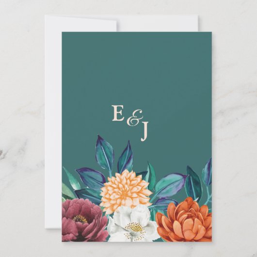 ティール(緑がかった色)モダン秋テラコッタフローラ結婚ズ 招待状 (裏面)