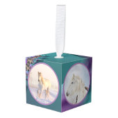 ティール（緑がかった色）モダン紫色の馬ペット4写真クリスマス キューブオーナメント (正面アングル)