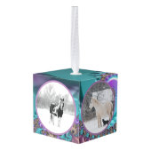 ティール（緑がかった色）モダン紫色の馬ペット4写真クリスマス キューブオーナメント (裏面アングル)