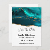 ティール（緑がかった色）モダン金ゴールドとホワイトアゲート日付の保存 インビテーションポストカード (正面/裏面)