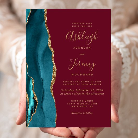 ティール(緑がかった色)モダン金ゴールドアガテブルグンディ結婚ズ 招待状