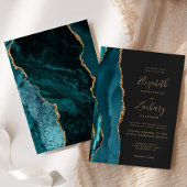 ティール（緑がかった色）モダン金ゴールドアガートダーク結婚式招待状 招待状