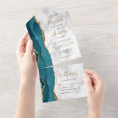 ティール(緑がかった色)モダン金ゴールドアガートマーブル結婚ズ オールインワン招待状 (貼ってはがせる)