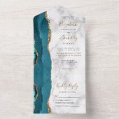 ティール(緑がかった色)モダン金ゴールドアガートマーブル結婚ズ オールインワン招待状 (内側)