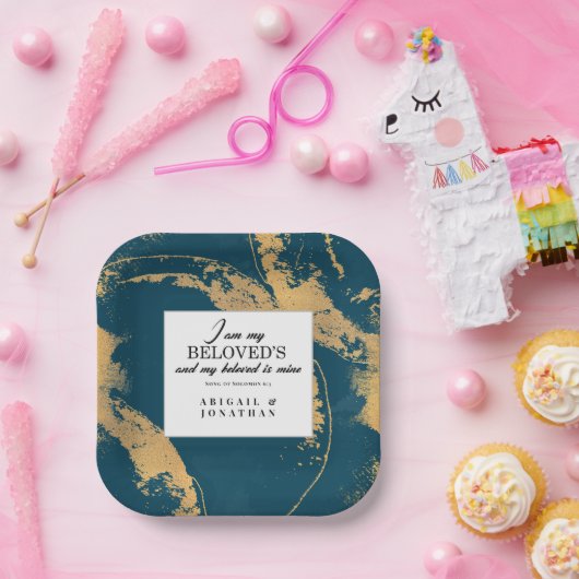 ティール（緑がかった色）モダン金ゴールドア結婚ートの聖句 ペーパープレート (パーティー)