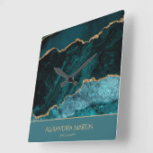 ティール(緑がかった色)モダン金ゴールドグリッターマーブルオフィスモノグラム スクエア壁時計 (傾斜)