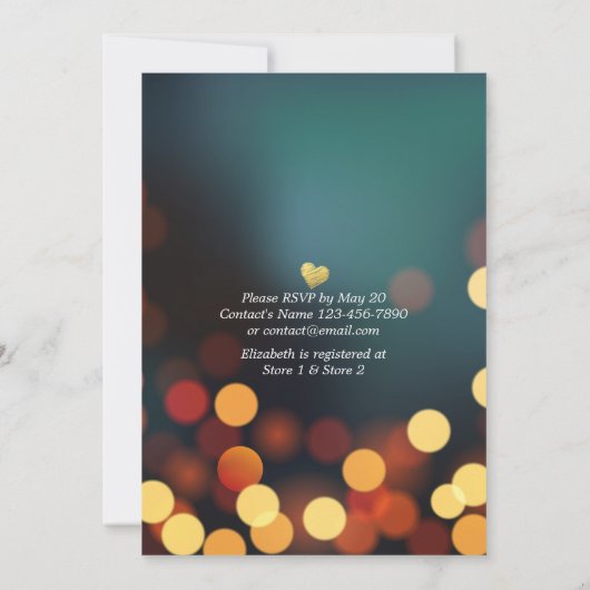 ティール(緑がかった色)モダン金ゴールドスパークル《写真》ぼけ味ライトブライダルシャワー 招待状 (裏面)