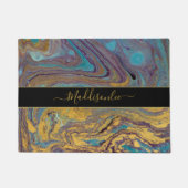 ティール(緑がかった色)モダン金ゴールドパープルマーブルアゲートモノグラム名 ドアマット (正面)