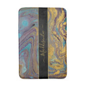 ティール(緑がかった色)モダン金ゴールドパープルマーブルアゲートモノグラム名 バスマット (正面縦)