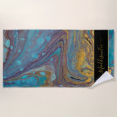 ティール（緑がかった色）モダン金ゴールドパープルマーブルアゲートモノグラム名 ビーチタオル (正面)