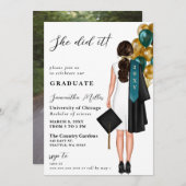 ティール（緑がかった色）モダン金ゴールド写真彼女はそれを卒業した 招待状 (正面/裏面)