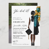 ティール（緑がかった色）モダン金ゴールド写真彼女はそれを卒業した 招待状 (正面/裏面)