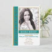 ティール(緑がかった色)モダン金ゴールド卒業会院撮影 招待状 (スタンド正面)