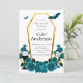 ティール(緑がかった色)モダン金ゴールド棺花模様ブランチ&バブリー 招待状 (スタンド正面)